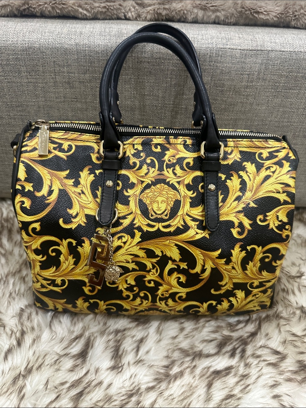 VERSACE Black and Gold Baroque Satchel with Medusa & Greek key chain Charm
